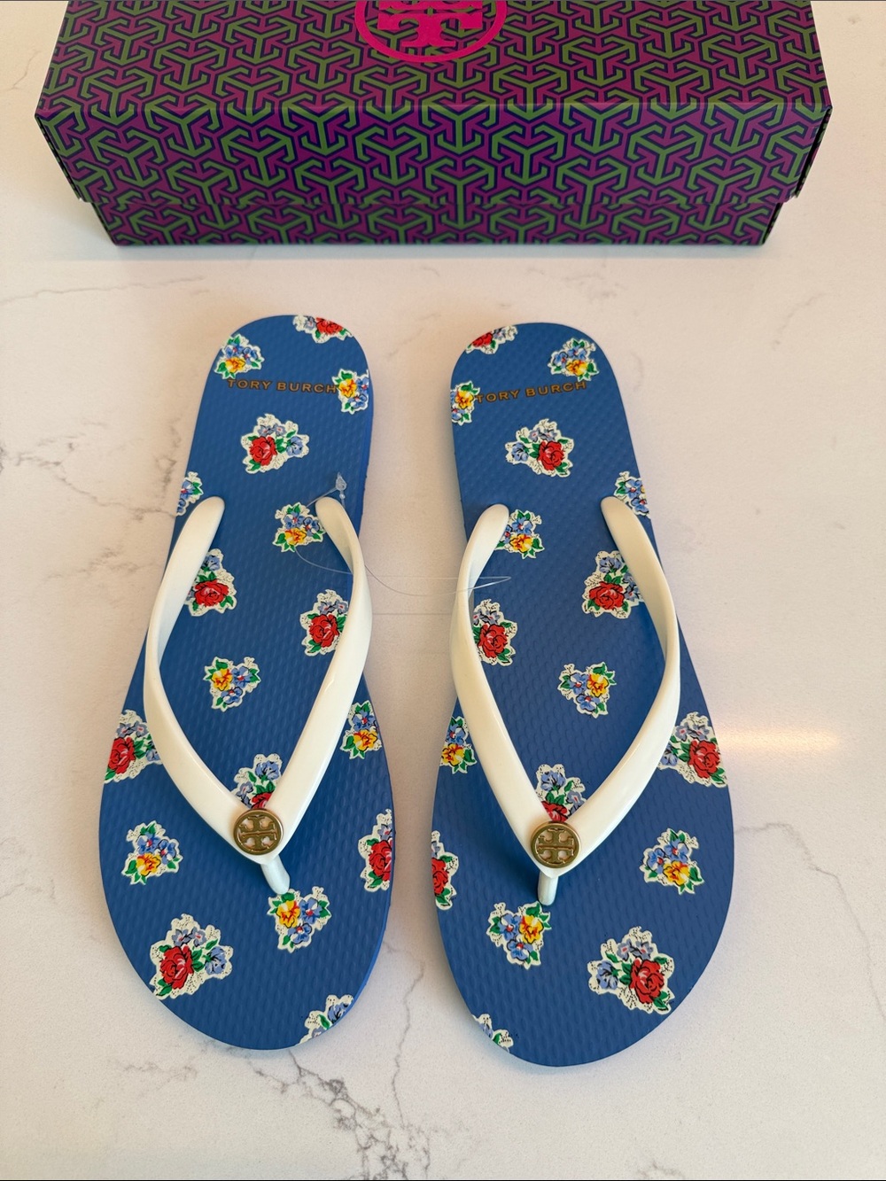 Tory Burch Blue Floral Flip-Flop Sandals with White Straps